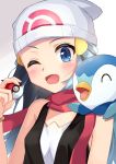  1girl 1other ;d ^_^ animal bare_arms bare_shoulders beanie bird black_hair black_shirt blue_eyes blue_hair blush breasts closed_eyes commentary_request creatures_(company) game_freak gen_4_pokemon gradient_hair hair_ornament hand_up hat highres hikari_(pokemon) holding holding_poke_ball human multicolored_hair nintendo olm_digital on_shoulder one_eye_closed open_mouth penguin piplup poke_ball poke_ball_(generic) poke_ball_symbol pokemon pokemon_(anime) pokemon_(creature) pokemon_(game) pokemon_dppt pokemon_masters pokemon_on_shoulder red_scarf scarf shirt sleeveless sleeveless_shirt small_breasts smile sutei_(xfzdarkt) upper_body v-shaped_eyebrows white_headwear 