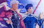  2boys akujiki59 archer_(fate) blue_hair blurry closed_mouth clouds commentary_request covered_abs cu_chulainn_(fate) cu_chulainn_(fate/stay_night) dark-skinned_male dark_skin day fate_(series) floating_hair hair_tubes hand_up holding long_hair male_focus multiple_boys outdoors parted_lips ponytail red_eyes shoulder_plates sky smile smoke spiky_hair white_hair 