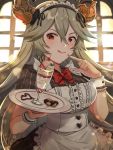  1girl :p alternate_costume apron bow bowtie cookie draph enmaided food food_on_finger granblue_fantasy grey_hair gyoju_(only_arme_nim) highres horns long_hair looking_at_viewer maid maid_apron maid_dress maid_headdress parfait red_eyes short_sleeves solo thalatha_(granblue_fantasy) tongue tongue_out tray wrist_cuffs 