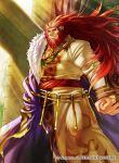  1boy animal_ears beard belt caineghis_(fire_emblem) cape facial_hair fire_emblem fire_emblem:_radiant_dawn fire_emblem_cipher full_body fur_trim grey_background kita_senri lion_ears long_hair male_focus official_art orange_eyes redhead solo 