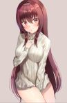  1girl bangs between_legs blush breasts brown_background brown_hair brown_sweater closed_mouth commentary_request eyebrows_visible_through_hair fate/grand_order fate_(series) hair_between_eyes hair_intakes hand_between_legs highres kubong large_breasts long_hair long_sleeves red_eyes ribbed_sweater scathach_(fate)_(all) scathach_(fate/grand_order) simple_background sleeves_past_wrists solo sweater turtleneck turtleneck_sweater very_long_hair 