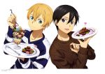  2boys absurdres artist_request black_eyes black_hair blonde_hair blue_eyes eugeo food highres holding holding_food ice_cream kirito looking_at_viewer multiple_boys short_hair sword_art_online sword_art_online_alicization 