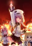  3girls :&lt;&gt; ? absurdres arm_up beret blonde_hair commentary_request explosion fingerless_gloves fire gloves hat highres jiang-ge long_hair looking_at_viewer military military_uniform multiple_girls pink_hair short_hair thick_eyebrows tirpitz_(warship_girls_r) torpedo uniform violet_eyes warship_girls_r younger yukikaze_(warship_girls_r) yuudachi_(warship_girls_r) 