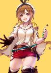  1girl atelier_(series) atelier_ryza belt blue_belt brown_belt brown_eyes brown_gloves brown_hair chinese_commentary commentary_request flask gloves hair_ornament hairclip highres jacket jewelry leather leather_belt leather_gloves leng_xiin necklace red_shorts reisalin_stout round-bottom_flask short_shorts shorts single_glove sleeveless sleeveless_jacket star star_necklace thick_thighs thigh_pouch thighs vial white_headwear yellow_background yellow_jacket 