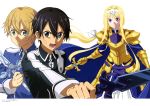  1girl 2boys absurdres alice_schuberg armor artist_request blonde_hair eugeo highres holding holding_sword holding_weapon kirito multiple_boys sword sword_art_online sword_art_online_alicization weapon 