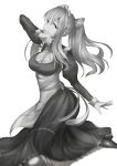  1girl absurdres alternate_costume apron breasts character_name copyright_name enmaided granblue_fantasy greyscale hair_between_eyes highres large_breasts long_hair looking_at_viewer maid monochrome mr2d smile solo vira_lilie 
