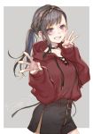  1girl ao+beni bangs black_hair border choker commentary_request eyebrows_visible_through_hair hairband highres hood hood_down hoodie long_hair looking_at_viewer original shorts side_ponytail signature simple_background smile solo two-tone_background violet_eyes white_border 