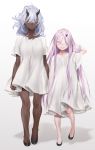  2girls ahoge alexis_(zkstxxx) barefoot blue_eyes blue_hair brown_eyes child dark_skin elliot_(zkstxxx) eyepatch grey_background heterochromia highres horns lavender_eyes lavender_hair legs long_hair multiple_girls original shiny shiny_skin shirt simple_background smile t-shirt very_long_hair younger zkstxxx 