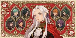  ahoge artist_request bernadetta_von_varley black_hair blonde_hair blue_eyes blue_hair blush braid breasts brown_hair cape caspar_von_bergliez cravat dark_skin dorothea_arnault edelgard_von_hresvelg epaulettes facial_mark ferdinand_von_aegir fire_emblem fire_emblem:_three_houses flower garreg_mach_monastery_uniform gloves green_hair grey_eyes hair_ornament hair_over_one_eye hair_ribbon hat hood hubert_von_vestra linhardt_von_hevring long_hair long_sleeves looking_at_viewer multiple_boys multiple_girls open_mouth orange_hair paint petra_mcnairy photo_(object) purple_hair red_cape ribbon short_hair side_ponytail simple_background single_braid smile uniform wavy_mouth white_background 