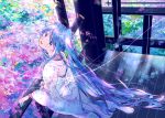  1girl blue_eyes blue_hair commentary flower hatsune_miku japanese_clothes kimono long_hair looking_at_viewer manako_(manatera) nail_polish railing solo twintails very_long_hair vocaloid wooden_floor 