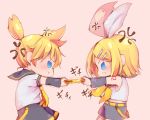  1boy 1girl anger_vein arm_warmers bangs bare_shoulders belt black_collar black_shorts black_sleeves blonde_hair blue_eyes bow brother_and_sister chibi closed_mouth collar commentary fighting from_side hair_bow hair_ornament hairclip harusamesyota highres holding_handheld_game_console kagamine_len kagamine_rin light_blush neckerchief necktie nintendo_switch pink_background pout pulling sailor_collar school_uniform shirt short_hair short_ponytail short_sleeves shorts shoulder_tattoo siblings simple_background spiky_hair swept_bangs tattoo trembling twins v-shaped_eyebrows vocaloid white_bow white_shirt yellow_neckwear 