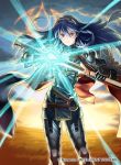  1girl blue_eyes blue_hair cape closed_mouth commentary_request company_connection copyright_name falchion_(fire_emblem) fire_emblem fire_emblem_awakening fire_emblem_cipher hair_ornament holding holding_sword holding_weapon jewelry kita_senri long_hair looking_at_viewer lucina lucina_(fire_emblem) outdoors serious sheath shield solo standing sunrise sword tiara weapon 