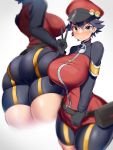  1girl ass bike_shorts blue_eyes blue_hair breasts from_behind gloves highres jacket large_breasts long_sleeves looking_at_viewer lower_body pantylines pokemon pokemon_(game) pokemon_masters pokemon_ranger_(pokemon) pouch short_hair smile solo track_jacket tsukunendo v 