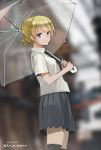  1girl alternate_costume autism_wanderer bangs black_legwear black_neckwear blonde_hair blue_eyes blurry blurry_background braid closed_mouth darjeeling dated dress_shirt eyebrows_visible_through_hair from_side girls_und_panzer highres holding holding_umbrella light_particles looking_at_viewer miniskirt necktie pleated_skirt school_uniform shirt short_hair short_sleeves skirt smile solo standing thigh-highs tied_hair transparent transparent_umbrella twitter_username umbrella white_shirt wing_collar 