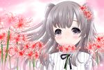  1girl bangs black_ribbon blush closed_mouth eyebrows_visible_through_hair flower grey_hair hair_flower hair_ornament idolmaster idolmaster_shiny_colors long_hair neck_ribbon neko_danshaku red_flower ribbon shirt smile solo spider_lily two_side_up upper_body violet_eyes white_shirt yuukoku_kiriko 