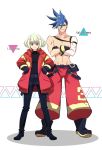 2boys baggy_pants blue_eyes blue_hair boots character_name crossed_arms galo_thymos gloves green_hair hand_on_hip highres jacket lio_fotia male_focus multiple_boys pants promare shirtless short_hair side-by-side smile soraironeko spiky_hair violet_eyes 