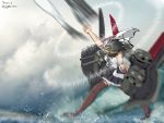  1girl bare_shoulders black_hair black_skirt boots brown_footwear clenched_hands dated detached_sleeves gegeron headgear highres kantai_collection kirishima_(kantai_collection) nontraditional_miko pleated_skirt punching short_hair skirt solo thigh-highs thigh_boots twitter_username 