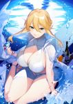  1girl absurdres artoria_pendragon_(all) artoria_pendragon_(swimsuit_ruler)_(fate) bangs blonde_hair blush bottle bow breasts cape cocktail_glass cup drinking_glass eyebrows_visible_through_hair fate/grand_order fate_(series) green_eyes hair_bow hamada_pochiwo highres large_breasts long_hair looking_at_viewer one-piece_swimsuit sidelocks smile solo swept_bangs swimsuit water white_swimsuit wine_bottle 