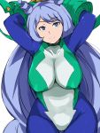  1girl arms_up blue_eyes blue_hair bodysuit boku_no_hero_academia breasts cafekun covered_nipples eyebrows_visible_through_hair hadou_nejire highres impossible_bodysuit impossible_clothes large_breasts long_hair looking_at_viewer simple_background smile solo white_background 