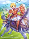  1girl amelia_(fire_emblem) animal arm_guards armor armored_boots bangs blonde_hair blue_sky blush boots cape clouds cloudy_sky commentary_request company_connection copyright_name day eyebrows_visible_through_hair fingerless_gloves fire_emblem fire_emblem:_the_sacred_stones fire_emblem_cipher frills gloves green_eyes highres horse horseback_riding kh_kyo_hibiki looking_at_viewer official_art open_mouth outdoors polearm riding shield short_hair shoulder_armor skirt sky smile spear weapon white_skirt 