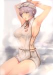  1girl :o absurdres armpits bangs bare_arms breasts breown_eyes commentary_request grey_hair hairband highres huge_filesize large_breasts mo3hig3 monster_hunter monster_hunter:_world red_ribbon ribbon shirt short_hair short_shorts shorts sitting sleeveless sleeveless_shirt solo steam white_shorts 