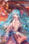  1girl absurdres aqua_hair autumn_leaves bangs commentary floating_hair floral_print green_eyes hatsune_miku highres holding holding_leaf holding_umbrella japanese_clothes kimono kity1211_tetsu leaf long_hair oriental_umbrella outdoors solo standing twintails umbrella very_long_hair vocaloid 