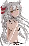  1girl alternate_costume amatsukaze_(kantai_collection) bikini black_bikini chigasaki_y commentary_request cowboy_shot from_behind hair_ornament hair_tubes highres kantai_collection long_hair looking_at_viewer looking_back side-tie_bikini silver_hair simple_background solo swimsuit two_side_up white_background windsock yellow_eyes 