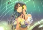  1girl bangs bare_shoulders bikini_top bird black_hair highres long_hair looking_at_viewer okuto open_clothes open_shirt original see-through smile solo star star-shaped_pupils symbol-shaped_pupils upper_body violet_eyes 