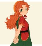  1girl blush breasts closed_mouth commentary_request curly_hair dragon_quest dragon_quest_vii dress green_eyes hood jewelry long_hair looking_at_viewer maribel_(dq7) miyama_(kannsannn) orange_hair ring simple_background solo 