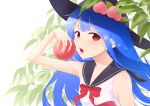  1girl alternate_costume arm_up armpit_crease armpit_peek bangs bare_arms black_headwear blue_hair blue_sailor_collar blurry commentary_request depth_of_field eyebrows_visible_through_hair food fruit hat highres hinanawi_tenshi holding holding_food holding_fruit kanpa_(campagne_9) leaf leaf_background long_hair looking_at_viewer nail_polish neckerchief open_mouth peach pink_nails red_eyes red_neckwear sailor_collar sailor_shirt shirt sleeveless sleeveless_shirt solo standing team_shanghai_alice touhou upper_body upper_teeth very_long_hair white_background 