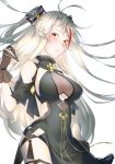  1girl alternate_costume antenna_hair artist_request azur_lane bangs black_dress black_gloves blush breasts commentary_request dress eyelashes floating_hair gloves hair_between_eyes hair_ribbon highres large_breasts long_hair looking_at_viewer multicolored_hair parted_lips prinz_eugen_(azur_lane) prinz_eugen_(cordial_cornflower)_(azur_lane) redhead ribbon sidelocks silver_hair simple_background solo standing streaked_hair teeth tied_hair two_side_up very_long_hair white_background yellow_eyes 