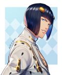  1boy argyle argyle_background black_hair blue_eyes bob_cut bruno_buccellati cleavage_cutout hair_ornament hairclip jojo_no_kimyou_na_bouken kuren male_focus solo zipper 