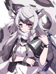  1girl animal_ear_fluff animal_ears arknights bangs bell belt braid breasts bright_pupils cape closed_mouth commentary dress eyebrows_visible_through_hair gla grey_eyes grey_hair highres holding jewelry leopard_ears leopard_tail long_hair looking_at_viewer medium_breasts necklace pramanix_(arknights) solo tail turtleneck turtleneck_dress twin_braids very_long_hair watch watch white_dress white_pupils 