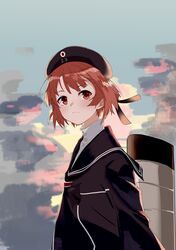  1girl absurdres bangs black_headwear black_neckwear blush brown_eyes brown_hair closed_mouth clothes_writing clouds eyebrows_visible_through_hair hat highres kantai_collection long_sleeves outdoors pale_skin ribbon rigging sailor_collar sailor_hat short_hair sky solo sui_(sui27shika) z3_max_schultz_(kantai_collection) 