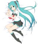  1girl aqua_eyes aqua_hair bed_sheet black_legwear black_ribbon black_skirt blue_hair collar collared_shirt commentary from_above from_side full_body hair_ribbon hands_up hatsune_miku highres kneehighs knees_up light_blush long_hair looking_at_viewer lying neckerchief on_side red_neckwear ribbon school_uniform serafuku shirt short_sleeves skirt smile solo soukun_s twintails uniform very_long_hair vocaloid vocaloid_(lat-type_ver) white_collar white_shirt 