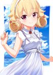  1girl ame. azur_lane bangs blonde_hair blue_sky blush carabiniere_(azur_lane) closed_mouth clouds cloudy_sky collared_dress commentary_request day dress eyebrows_visible_through_hair fingernails flower hair_between_eyes hair_flaps hair_flower hair_ornament hairband hand_up looking_at_viewer ocean red_eyes red_flower red_rose rose sky sleeveless sleeveless_dress smile solo water white_dress white_hairband 