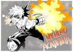  1boy bakugou_katsuki bangs bare_shoulders boku_no_hero_academia clenched_teeth collarbone copyright_name explosion gloves grey_background hair_between_eyes highres looking_at_viewer male_focus natsupa outstretched_arm pants solo tank_top teeth two-tone_background white_background 