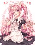  1girl alternate_costume animal_ears apron bangs black_ribbon breasts cake cat_ears enmaided eyebrows_visible_through_hair flower food fruit highres holding holding_plate large_breasts long_hair looking_at_viewer maid maid_dress original pink_hair plate puffy_short_sleeves puffy_sleeves ribbon short_sleeves solo strawberry ttosom twintails violet_eyes white_apron 