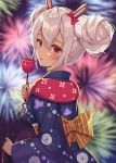 1girl animal_ears azur_lane bag bangs blush candy_apple commentary_request double_bun evening fake_animal_ears fireworks food from_behind hair_between_eyes hair_ribbon highres holding holding_bag holding_food izumo_neru japanese_clothes kimono kinchaku laffey_(azur_lane) laffey_(snow_rabbit_and_candied_apple)_(azur_lane) licking long_sleeves looking_at_viewer looking_back obi pouch rabbit_ears red_eyes ribbon sash short_hair sidelocks silver_hair solo tongue tongue_out wide_sleeves yukata 
