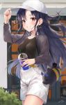  1girl absurdres alternate_costume bag black_hair black_jacket black_shirt commentary_request drinking_straw earrings eyebrows_visible_through_hair fate/grand_order fate_(series) hat highres holding_drink ishita_umi ishtar_(fate/grand_order) jacket jewelry long_hair looking_at_viewer outdoors red_eyes red_nails shirt shorts smile solo teeth white_headwear white_shorts 