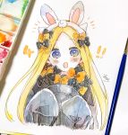  !! 1girl :o abigail_williams_(fate/grand_order) animal_ears bangs black_bow black_dress black_headwear blonde_hair blue_eyes blush_stickers bow cropped_torso dress eyebrows_visible_through_hair fake_animal_ears fate/grand_order fate_(series) forehead hair_bow hands_up hat hat_removed headwear_removed highres holding holding_hat long_hair long_sleeves open_mouth orange_bow parted_bangs photo rabbit_ears signature sleeves_past_fingers sleeves_past_wrists sofra solo traditional_media upper_body very_long_hair 