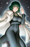  1girl bangs black_dress black_hair breasts commentary_request dress finalcake fubuki_(one-punch_man) green_eyes green_hair highres impossible_clothes jacket large_breasts long_sleeves looking_at_viewer one-punch_man short_hair smile solo white_jacket 