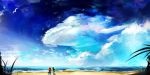  1boy 1girl artist_name beach bird blue_sky clouds grass highres link marin_(the_legend_of_zelda) ocean palm_tree sand scenery seagull sky standing syunhuu the_legend_of_zelda the_legend_of_zelda:_link&#039;s_awakening tree twitter_username water wind_fish 