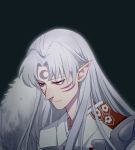  1boy absurdres armor black_background crescent facial_mark forehead_mark fur highres inuyasha lifeixi long_hair looking_down male_focus pointy_ears portrait sesshoumaru silver_hair solo yellow_eyes 