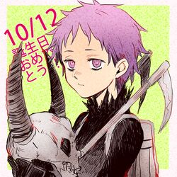  1girl dated dorohedoro ebisu_(dorohedoro) expressionless face purple_hair r_(corolla) scythe short_hair skull solo upper_body violet_eyes 