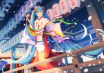  1girl aqua_eyes aqua_hair architecture bell blurry blurry_background blurry_foreground blush cherry_blossoms commentary depth_of_field east_asian_architecture full_body hair_ornament hakama hand_up hatsune_miku highres holding holding_instrument instrument japanese_clothes jingle_bell kagura_suzu kanzashi lantern long_hair looking_at_viewer miko nokuhashi open_mouth petals red_skirt robe skirt smile solo standing streamers tassel temple twintails very_long_hair vocaloid white_sleeves wide_sleeves 