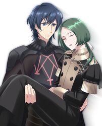  2boys blue_eyes blue_hair blush byleth_(fire_emblem) byleth_eisner_(male) carrying epaulettes fire_emblem fire_emblem:_three_houses garreg_mach_monastery_uniform gloves green_hair kakiko210 linhardt_von_hevring long_hair low_ponytail multiple_boys open_mouth sleeping white_background yaoi 