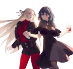  2girls backlighting black_dress black_legwear black_shorts bubble_tea byleth_(fire_emblem) byleth_eisner_(female) casual cup disposable_cup dress edelgard_von_hresvelg fajyobore323 fire_emblem fire_emblem:_three_houses green_hair hair_ribbon hairband highres holding_hands jacket leather leather_jacket legwear_under_shorts light_blush long_hair looking_at_another looking_at_viewer medium_hair multiple_girls open_mouth pantyhose red_legwear red_shirt ribbon shirt shorts silver_hair simple_background smile standing turtleneck very_long_hair yuri 