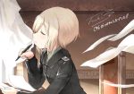  1girl blonde_hair chair closed_eyes curtains erica_hartmann eyebrows_visible_through_hair holding military military_uniform paper pen signature solo strike_witches tsuchii_(ramakifrau) uniform world_witches_series 