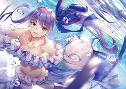  1girl air_bubble bangs bare_shoulders bikini blue_eyes blue_ribbon blush breasts bubble choker collarbone earrings fate/grand_order fate_(series) frilled_bikini frills greaves hair_between_eyes jewelry light_rays long_hair long_sleeves looking_at_viewer meltryllis meltryllis_(swimsuit_lancer)_(fate) navel open_mouth puffy_sleeves purple_hair renka_(renkas) ribbon side_ponytail sleeves_past_fingers sleeves_past_wrists small_breasts smile solo swimming swimsuit underwater very_long_hair white_legwear 